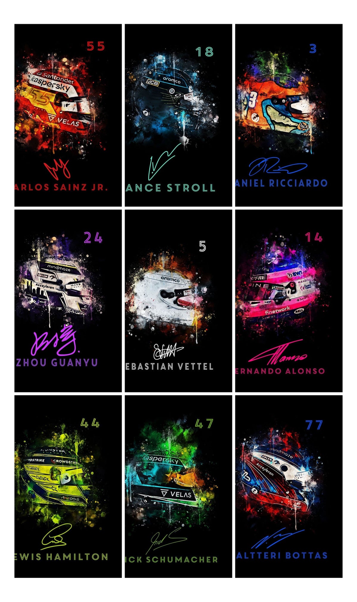 Poster Formel 1 Helm Aquarell Rennfahrer Name Unterschrift Rennnummer · Deko Print ohne Rahmen-0