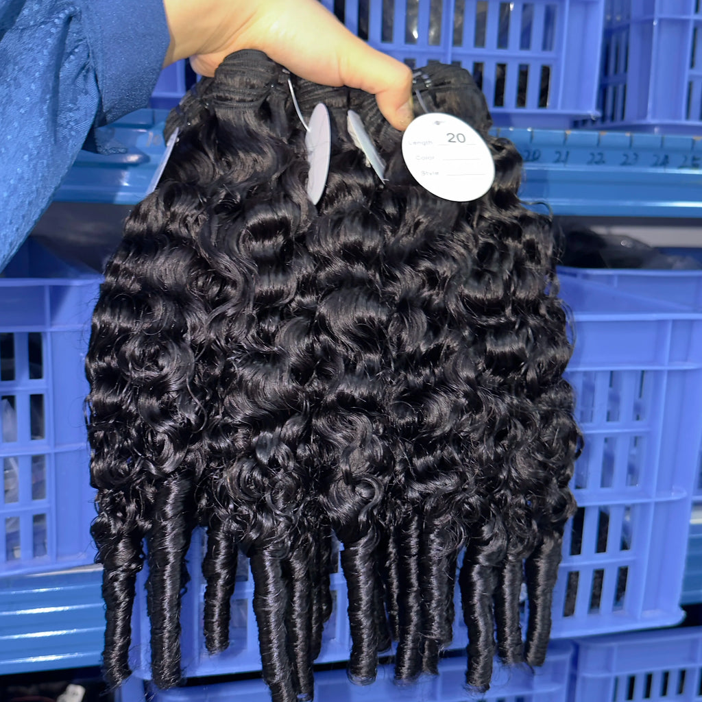 Extensiones de cabello camboyano 100% crudo baratos, paquetes de cabello humano virgen hinchable Fumi, paquetes de cabello crudo vietnamita rizado indio birmano