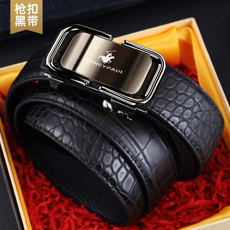 Cinturón para hombre, cuero genuino, patrón de cocodrilo, desgaste interior, hebilla automática, cinturón de moda para todos los partidos, cinturón de moda para negocios casual de mediana edad y joven