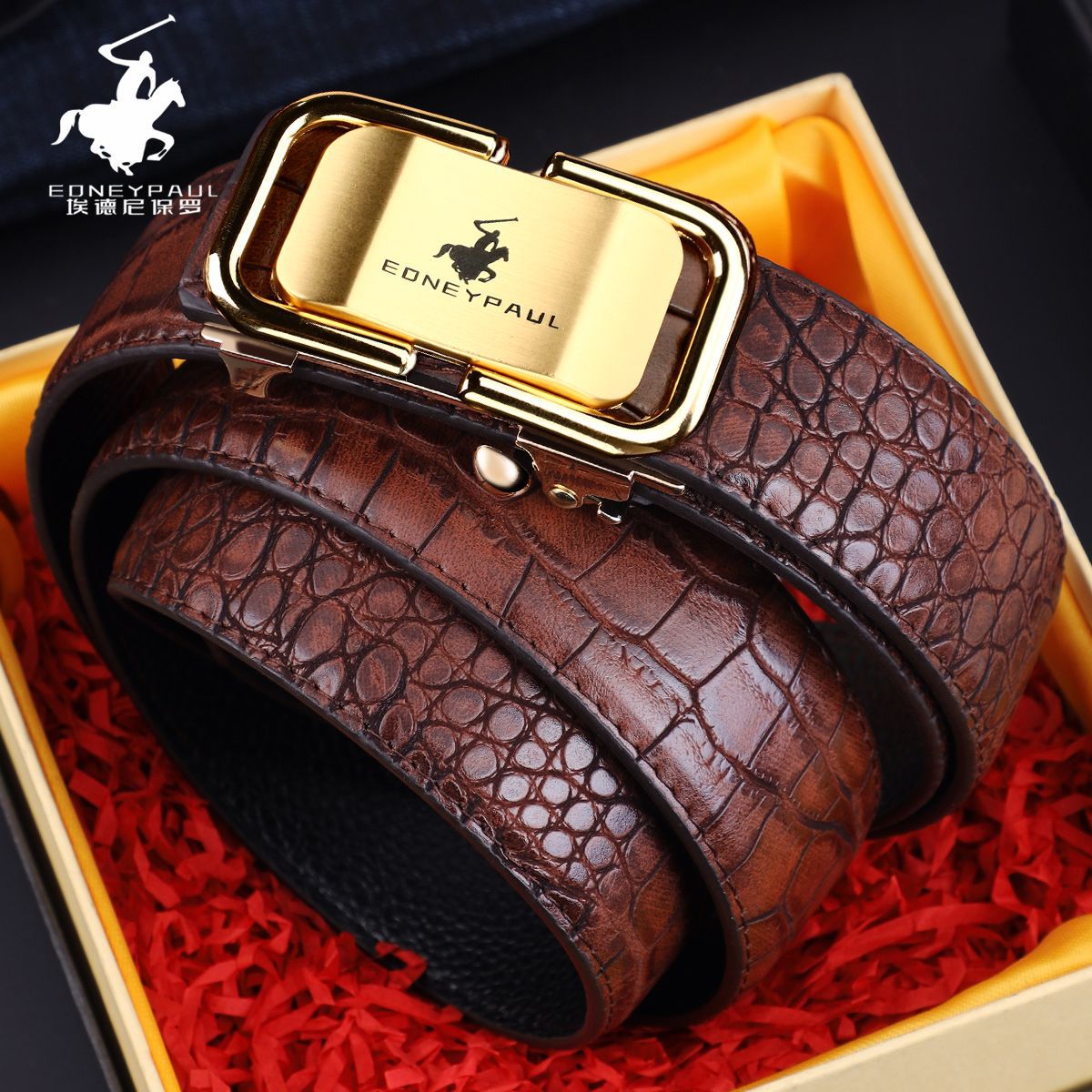 Cinturón para hombre, cuero genuino, patrón de cocodrilo, desgaste interior, hebilla automática, cinturón de moda para todos los partidos, cinturón de moda para negocios casual de mediana edad y joven
