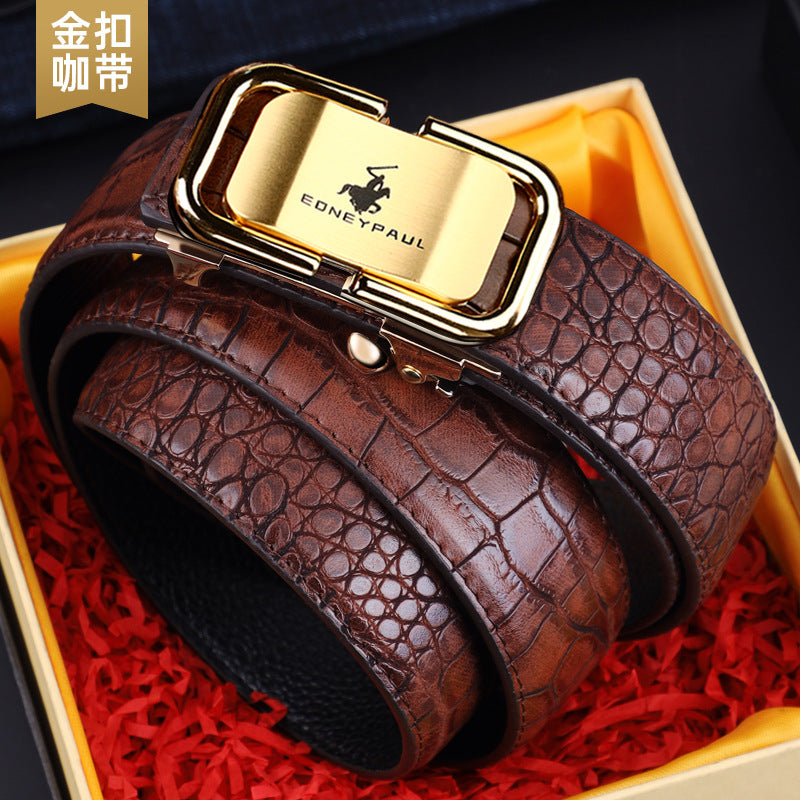 Cinturón para hombre, cuero genuino, patrón de cocodrilo, desgaste interior, hebilla automática, cinturón de moda para todos los partidos, cinturón de moda para negocios casual de mediana edad y joven