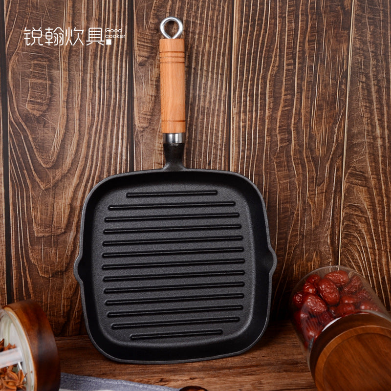 Sartén para freír para bistec de hierro fundido, sartén para hornear a rayas de hierro, sartén para freír para bistec, sartén engrosada sin recubrimiento, fábrica directa al por mayor
