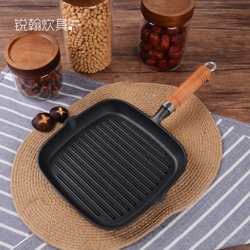 Sartén para freír para bistec de hierro fundido, sartén para hornear a rayas de hierro, sartén para freír para bistec, sartén engrosada sin recubrimiento, fábrica directa al por mayor