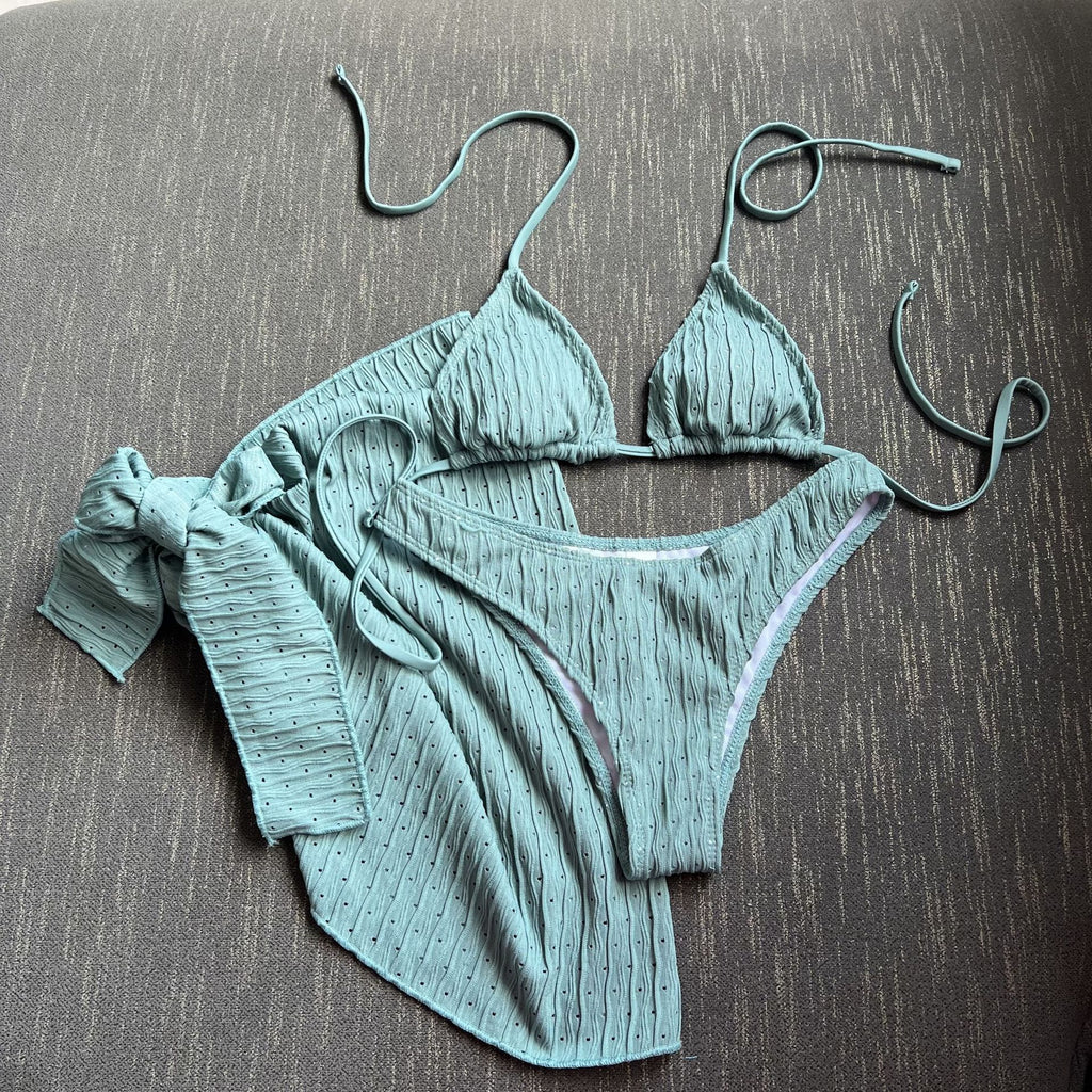 2025 Nuevo traje de baño europeo y americano de tres piezas sin espalda con correa de cordón Bikini Bikini Traje de baño de tres piezas