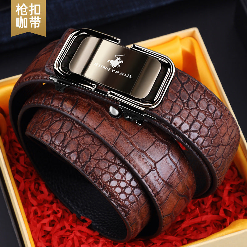 Cinturón para hombre, cuero genuino, patrón de cocodrilo, desgaste interior, hebilla automática, cinturón de moda para todos los partidos, cinturón de moda para negocios casual de mediana edad y joven