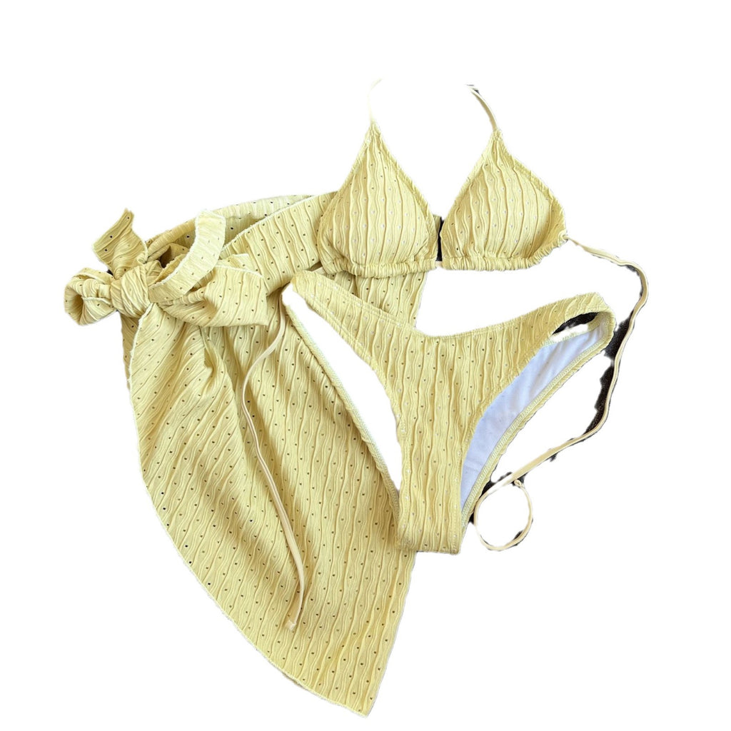 2025 Nuevo traje de baño europeo y americano de tres piezas sin espalda con correa de cordón Bikini Bikini Traje de baño de tres piezas