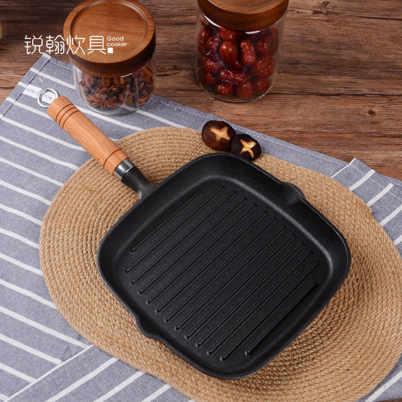 Sartén para freír para bistec de hierro fundido, sartén para hornear a rayas de hierro, sartén para freír para bistec, sartén engrosada sin recubrimiento, fábrica directa al por mayor
