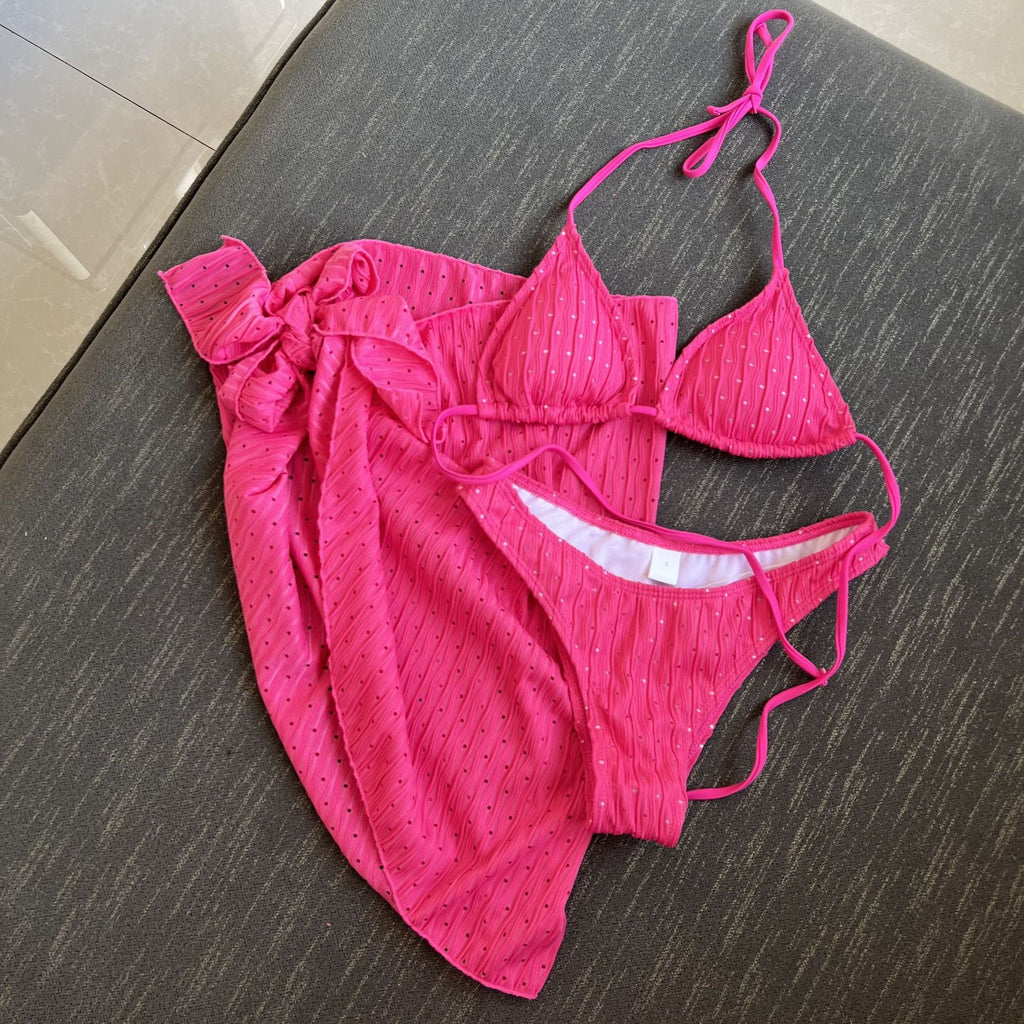 2025 Nuevo traje de baño europeo y americano de tres piezas sin espalda con correa de cordón Bikini Bikini Traje de baño de tres piezas