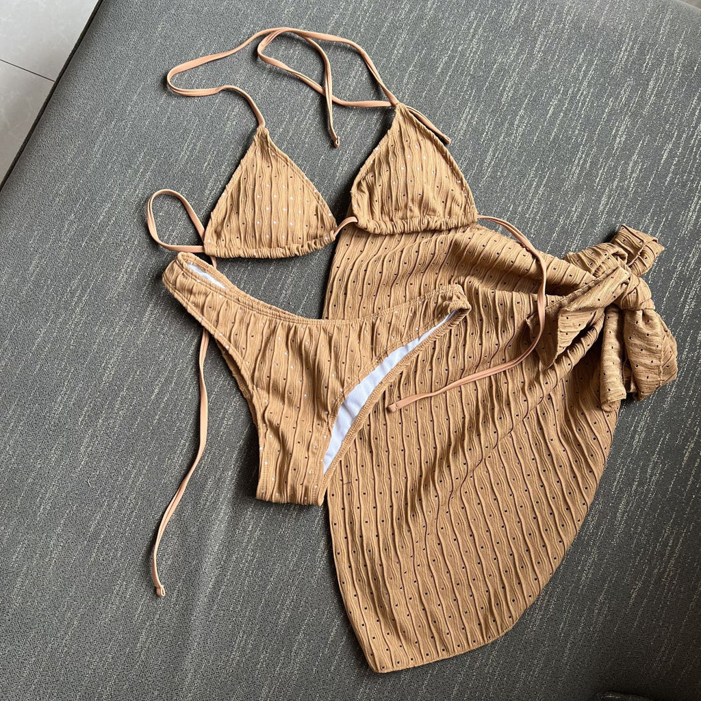 2025 Nuevo traje de baño europeo y americano de tres piezas sin espalda con correa de cordón Bikini Bikini Traje de baño de tres piezas