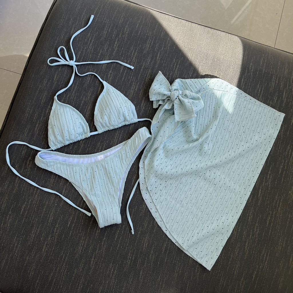 2025 Nuevo traje de baño europeo y americano de tres piezas sin espalda con correa de cordón Bikini Bikini Traje de baño de tres piezas