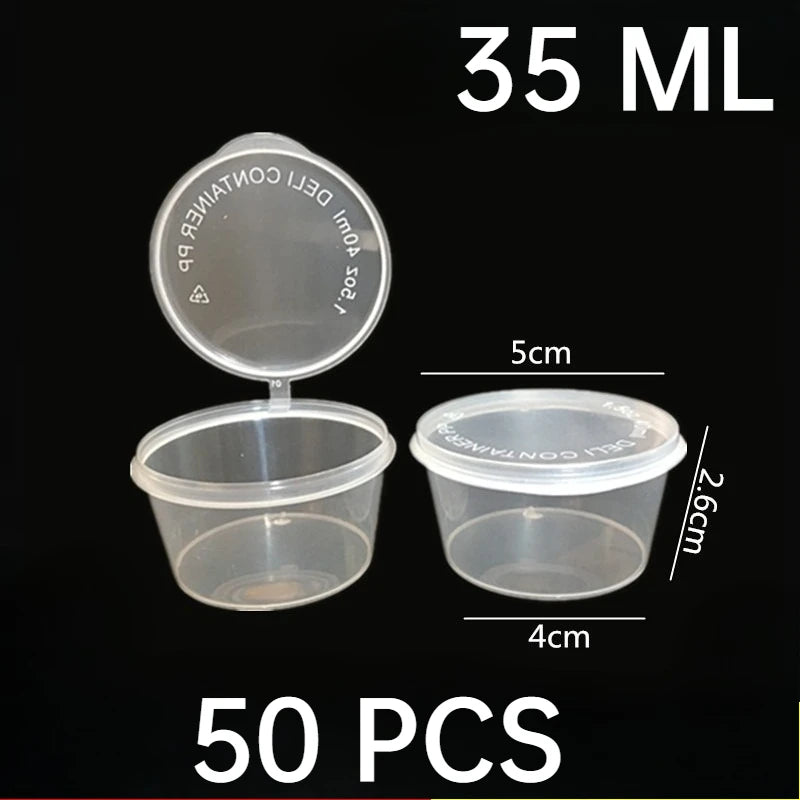 50 piezas de tarros de salsa de plástico con tapas, taza de salsa para alimentos, envases desechables a prueba de fugas, aderezos para ensaladas, condimentos