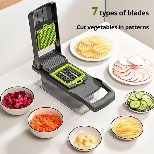 1Pc Verde Negro 12 en 1 Cortador de verduras multifuncional Cortador Trituradoras Rebanadora con cesta Picadora de patatas de frutas Rallador de zanahoria