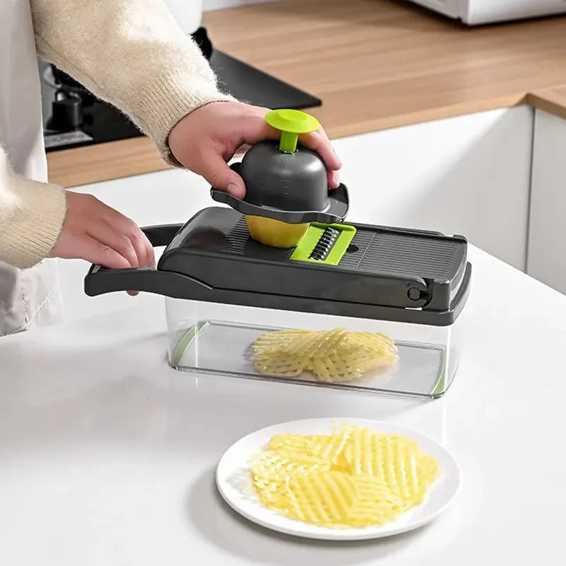 1Pc Verde Negro 12 en 1 Cortador de verduras multifuncional Cortador Trituradoras Rebanadora con cesta Picadora de patatas de frutas Rallador de zanahoria