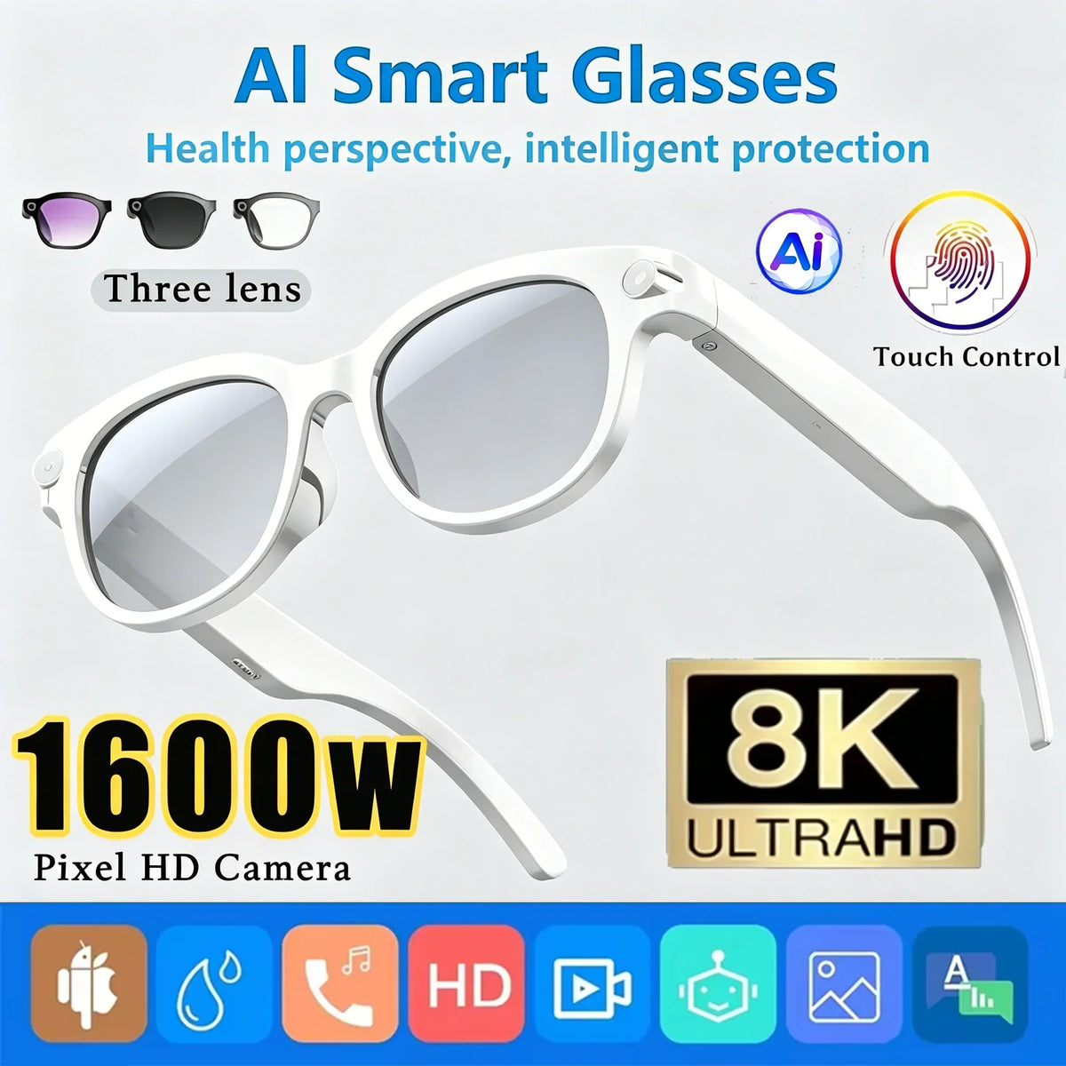 Lenovo 8K HD AI Gafas Inteligentes Cámara 1600WDual Traducción en tiempo real Llamada Bluetooth Sesión Audio Vídeo Música Reproducir Gafas de sol 2026