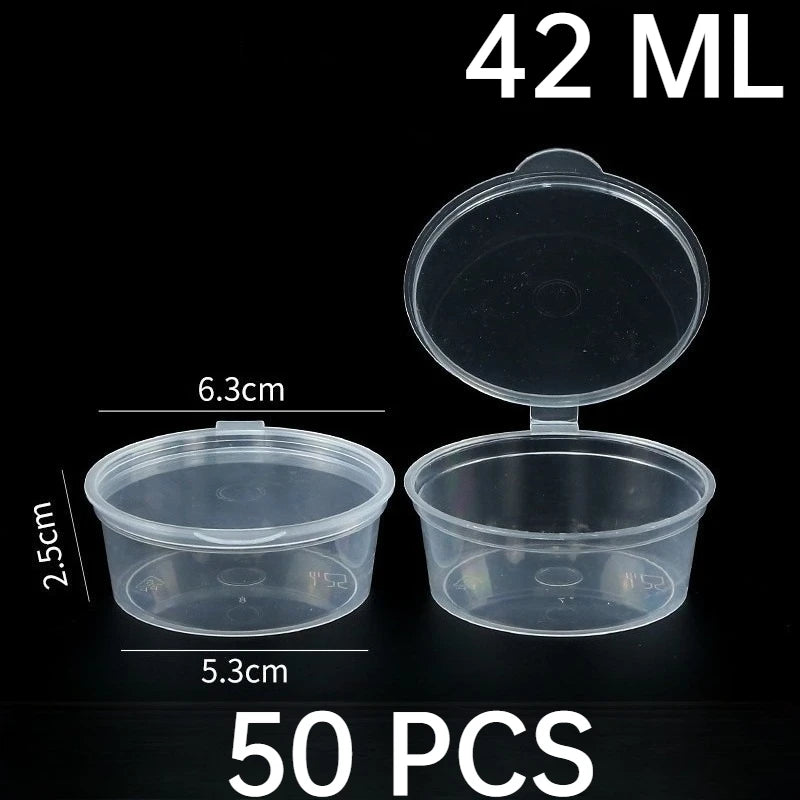 50 piezas de tarros de salsa de plástico con tapas, taza de salsa para alimentos, envases desechables a prueba de fugas, aderezos para ensaladas, condimentos