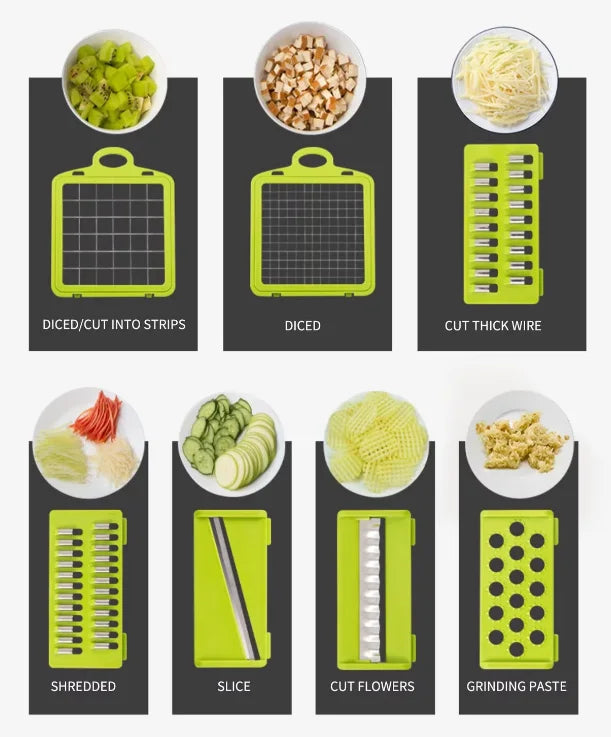 1Pc Verde Negro 12 en 1 Cortador de verduras multifuncional Cortador Trituradoras Rebanadora con cesta Picadora de patatas de frutas Rallador de zanahoria