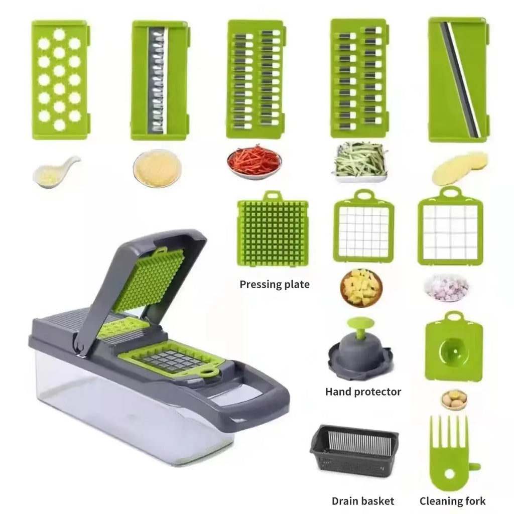 1Pc Verde Negro 12 en 1 Cortador de verduras multifuncional Cortador Trituradoras Rebanadora con cesta Picadora de patatas de frutas Rallador de zanahoria