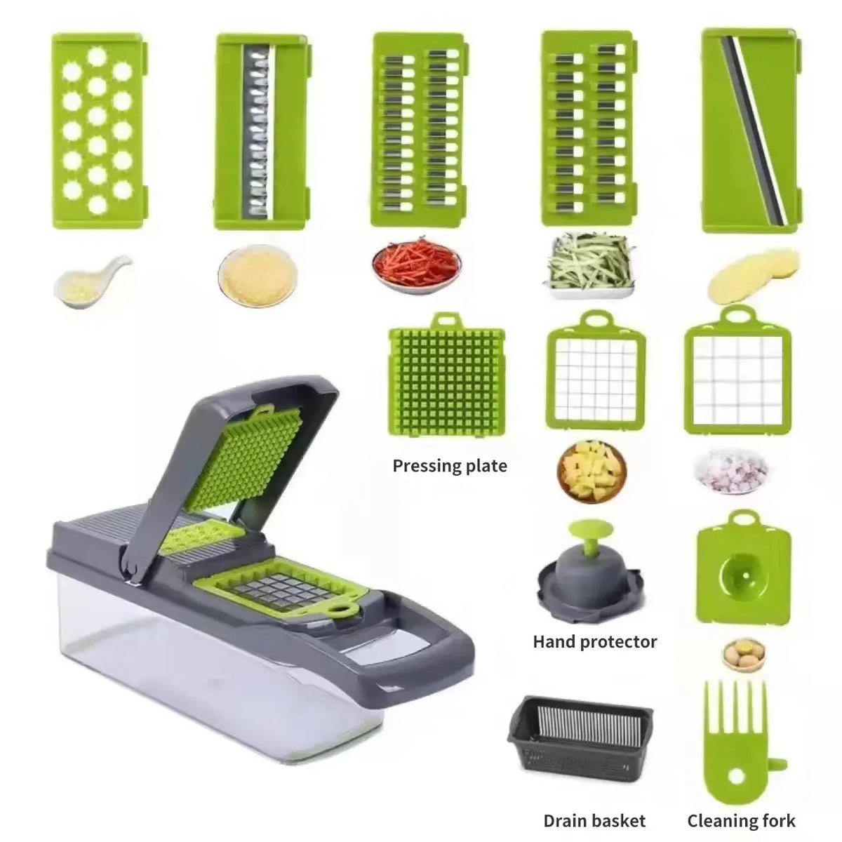 1Pc Verde Negro 12 en 1 Cortador de verduras multifuncional Cortador Trituradoras Rebanadora con cesta Picadora de patatas de frutas Rallador de zanahoria