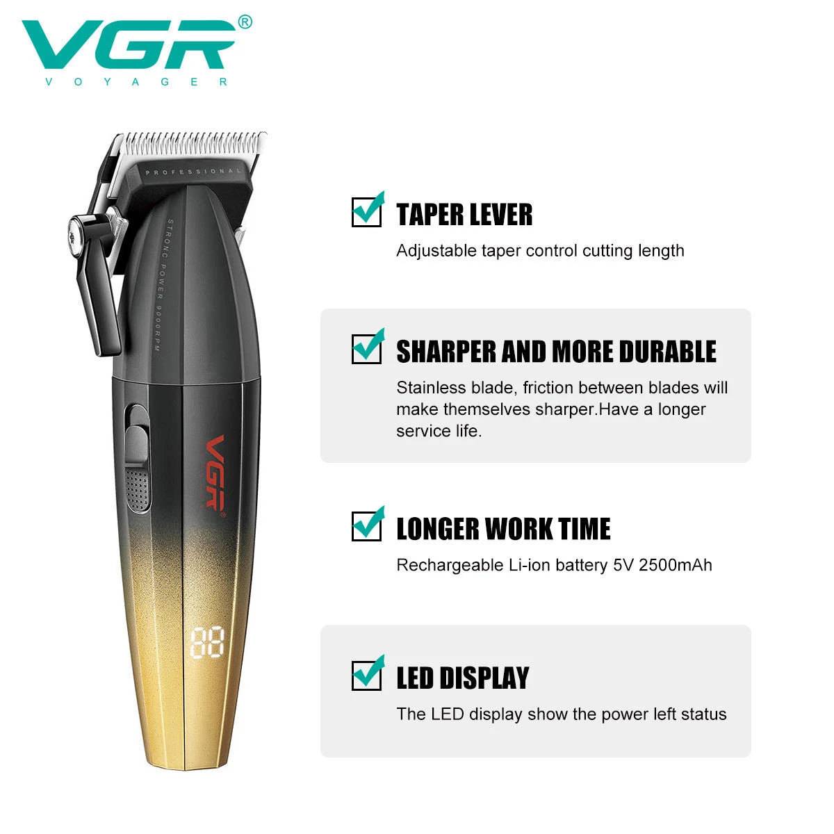 Cortadora de pelo VGR Recortadora de pelo profesional Cortadora eléctrica Máquina de corte de pelo inalámbrica 9000RPM Recortadora para hombres V-003
