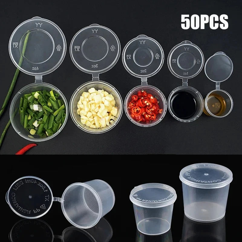 50 piezas de tarros de salsa de plástico con tapas, taza de salsa para alimentos, envases desechables a prueba de fugas, aderezos para ensaladas, condimentos