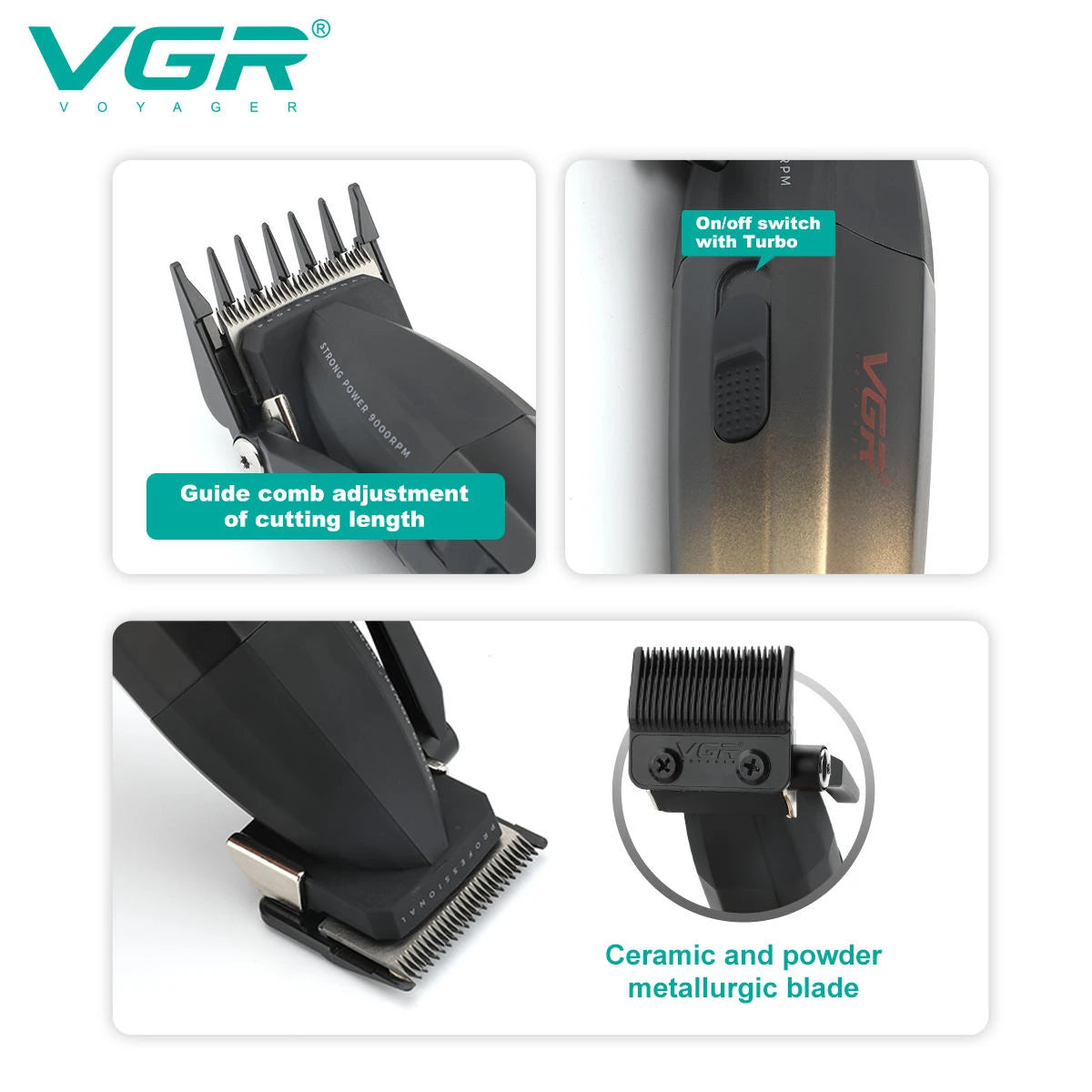 Cortadora de pelo VGR Recortadora de pelo profesional Cortadora eléctrica Máquina de corte de pelo inalámbrica 9000RPM Recortadora para hombres V-003
