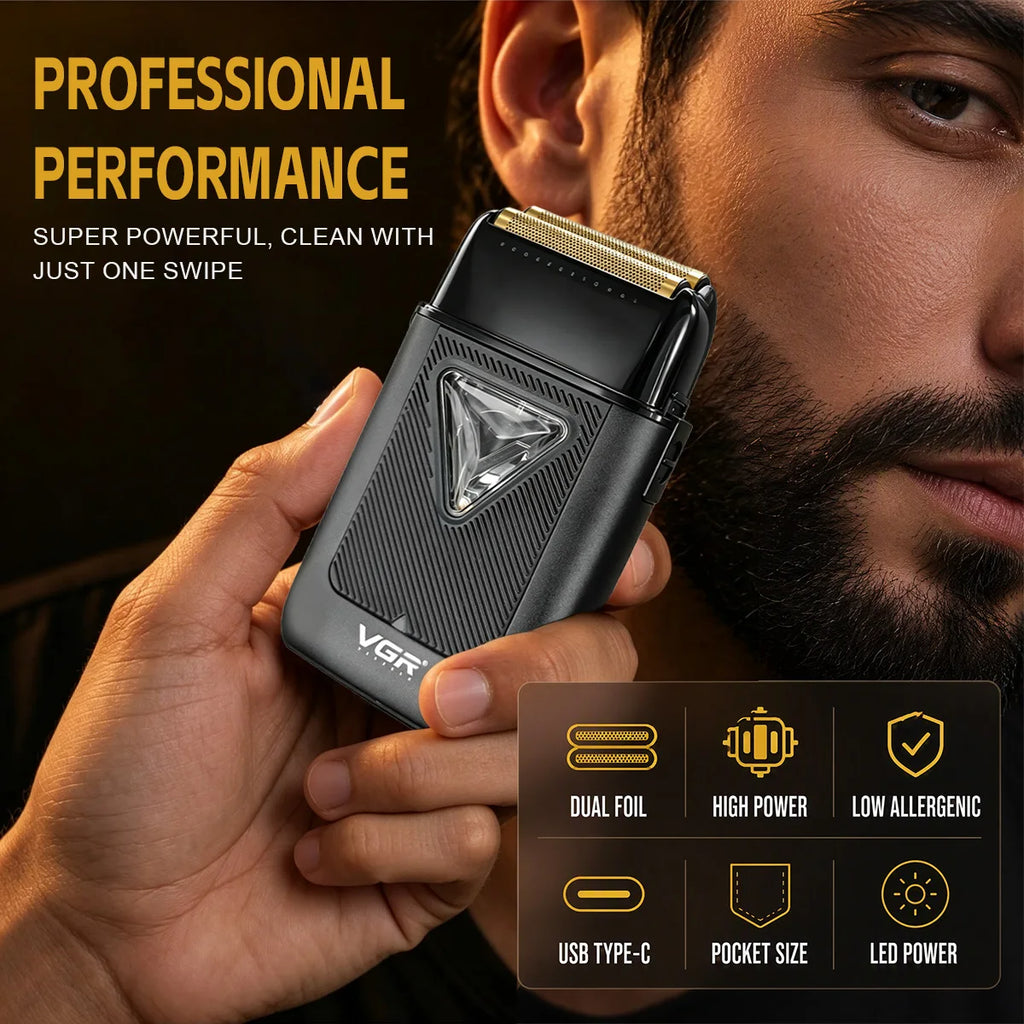 Afeitadora eléctrica VGR Recortadora de barba profesional 10000 RPM Vector Motor Foil Shaver Recíproco Cargador de base para hombre V-334