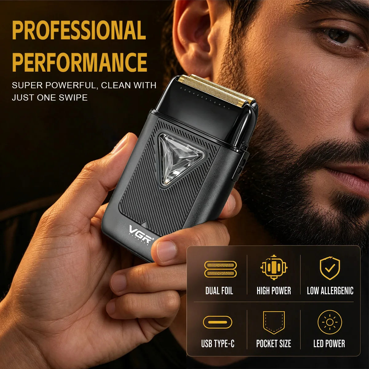 Afeitadora eléctrica VGR Recortadora de barba profesional 10000 RPM Vector Motor Foil Shaver Recíproco Cargador de base para hombre V-334