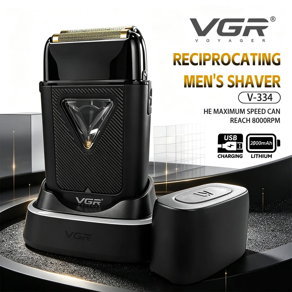 Afeitadora eléctrica VGR Recortadora de barba profesional 10000 RPM Vector Motor Foil Shaver Recíproco Cargador de base para hombre V-334