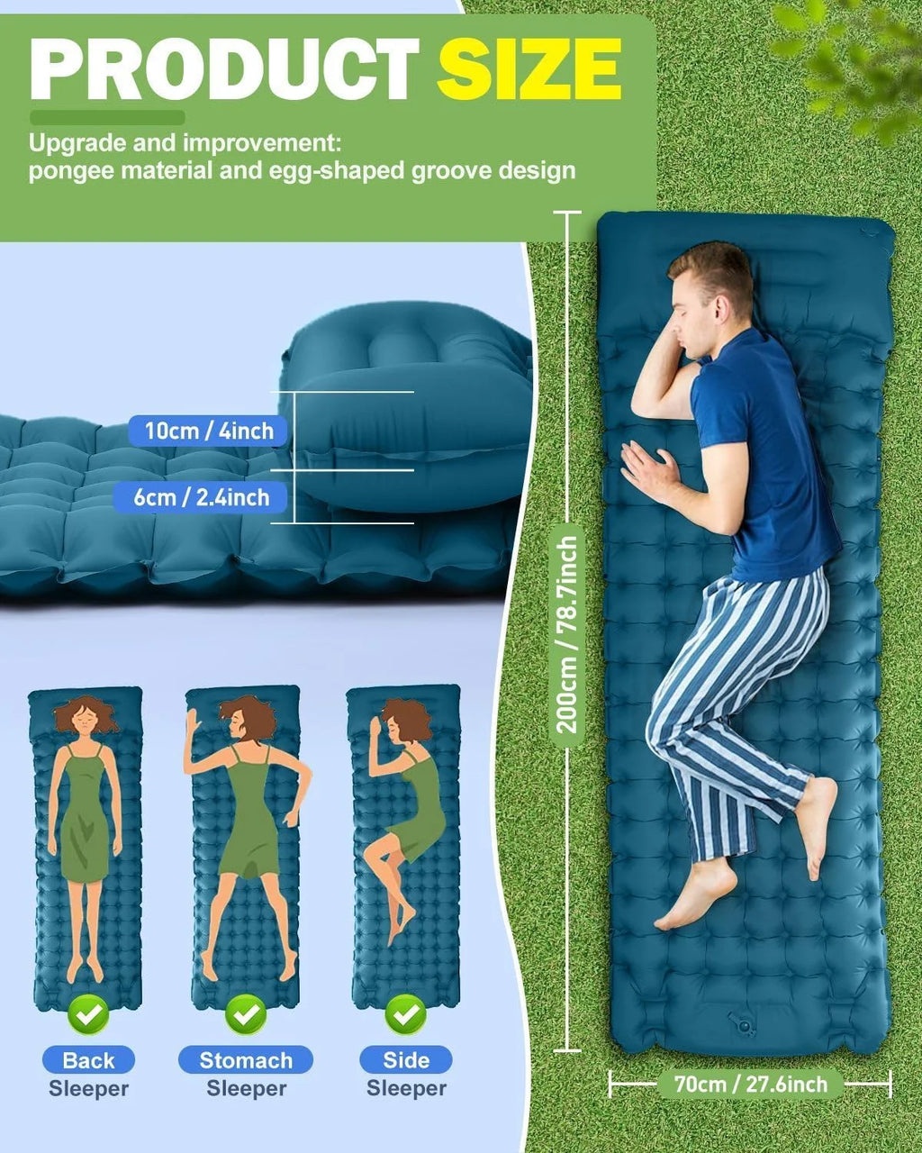 Cama de aire inflable de 4 pulgadas de espesor - Almohadilla de dormir de campamento de inflado rápido portátil para viajes de senderismo