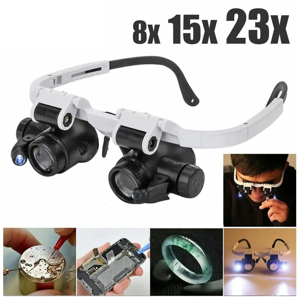 2XLED Reloj Joyero Reparación Lupa Diadema Montada En La Cabeza Cabeza De Lupa Ajustable Gafas Lente De Lupa 8X 15X 23X