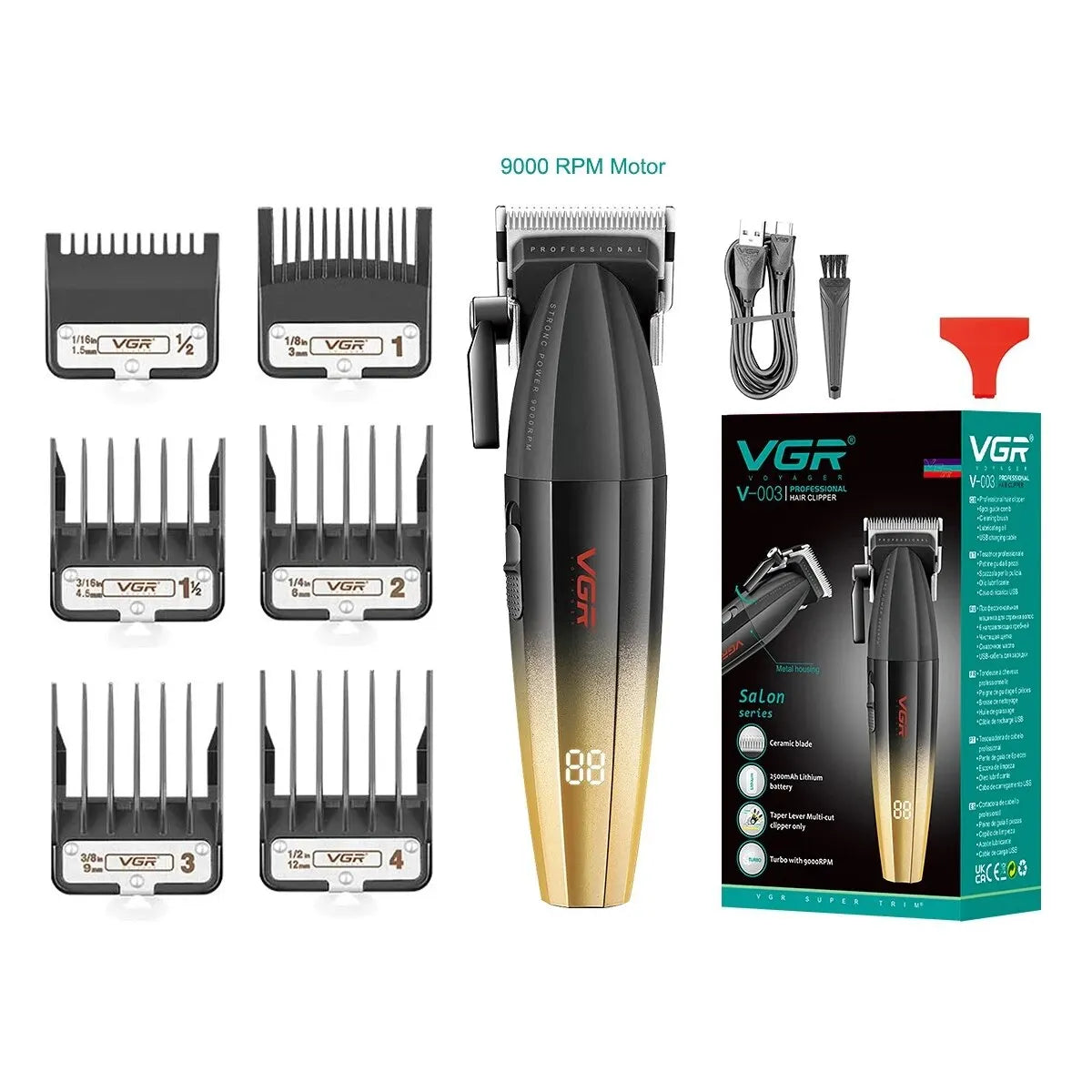 Cortadora de pelo VGR Recortadora de pelo profesional Cortadora eléctrica Máquina de corte de pelo inalámbrica 9000RPM Recortadora para hombres V-003