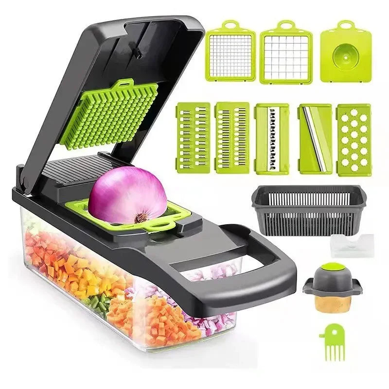1Pc Verde Negro 12 en 1 Cortador de verduras multifuncional Cortador Trituradoras Rebanadora con cesta Picadora de patatas de frutas Rallador de zanahoria