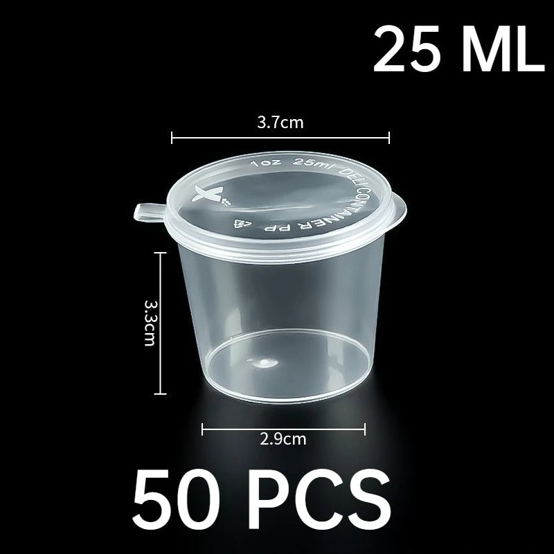 50 piezas de tarros de salsa de plástico con tapas, taza de salsa para alimentos, envases desechables a prueba de fugas, aderezos para ensaladas, condimentos