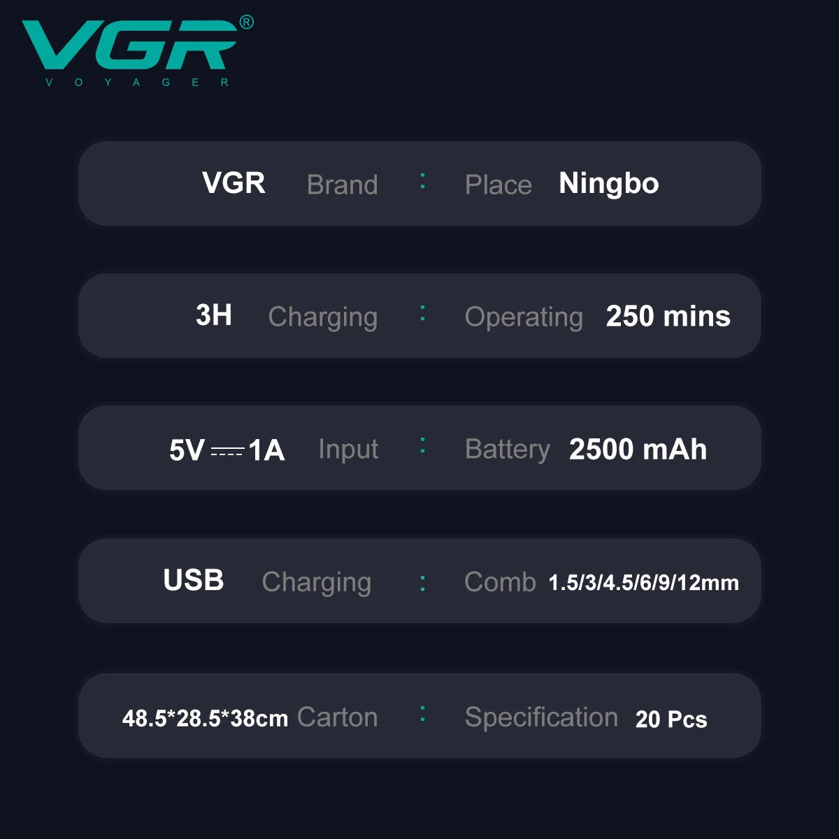 Cortadora de pelo VGR Recortadora de pelo profesional Cortadora eléctrica Máquina de corte de pelo inalámbrica 9000RPM Recortadora para hombres V-003
