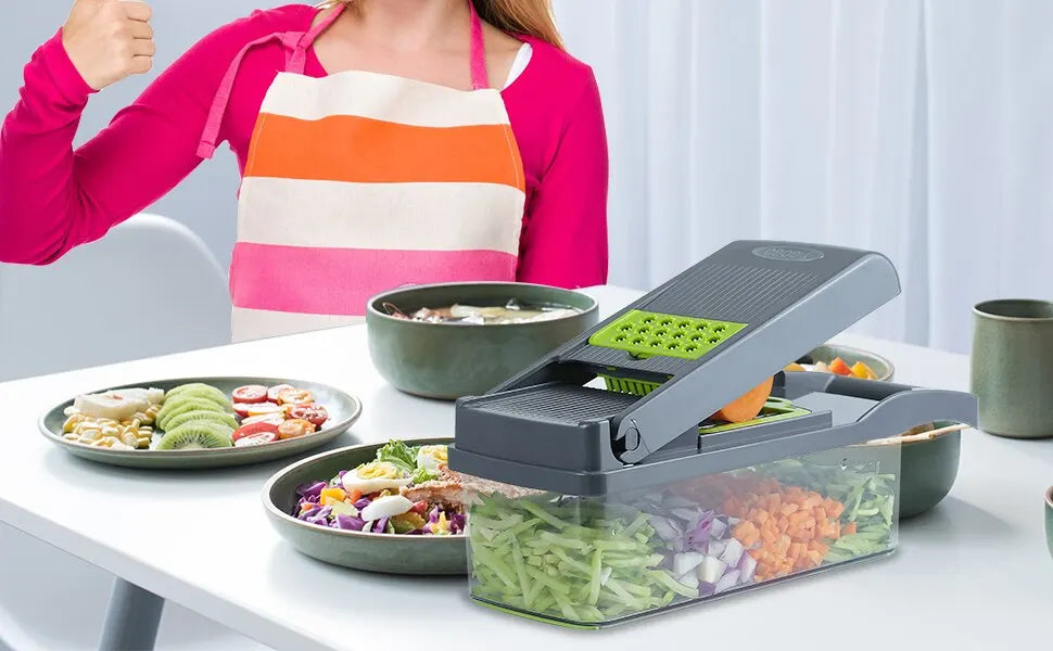 1Pc Verde Negro 12 en 1 Cortador de verduras multifuncional Cortador Trituradoras Rebanadora con cesta Picadora de patatas de frutas Rallador de zanahoria