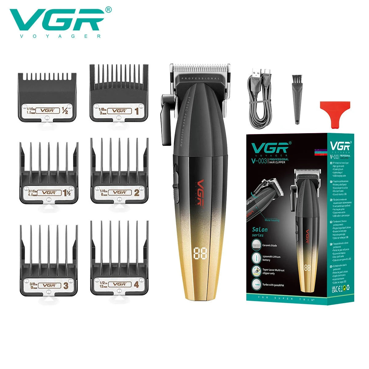 Cortadora de pelo VGR Recortadora de pelo profesional Cortadora eléctrica Máquina de corte de pelo inalámbrica 9000RPM Recortadora para hombres V-003