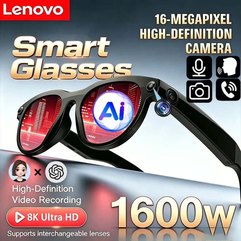 Lenovo 8K HD AI Gafas Inteligentes Cámara 1600WDual Traducción en tiempo real Llamada Bluetooth Sesión Audio Vídeo Música Reproducir Gafas de sol 2026