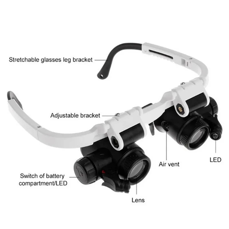 2XLED Reloj Joyero Reparación Lupa Diadema Montada En La Cabeza Cabeza De Lupa Ajustable Gafas Lente De Lupa 8X 15X 23X