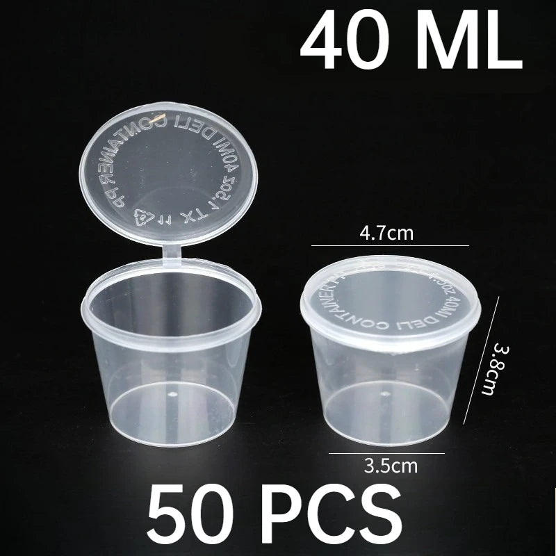 50 piezas de tarros de salsa de plástico con tapas, taza de salsa para alimentos, envases desechables a prueba de fugas, aderezos para ensaladas, condimentos