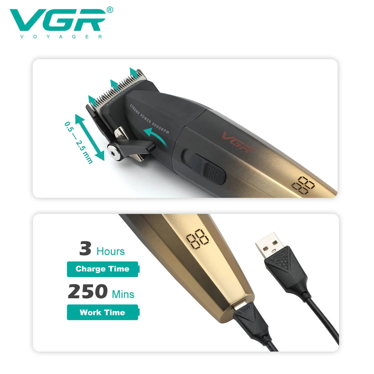 Cortadora de pelo VGR Recortadora de pelo profesional Cortadora eléctrica Máquina de corte de pelo inalámbrica 9000RPM Recortadora para hombres V-003