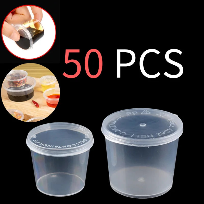 50 piezas de tarros de salsa de plástico con tapas, taza de salsa para alimentos, envases desechables a prueba de fugas, aderezos para ensaladas, condimentos